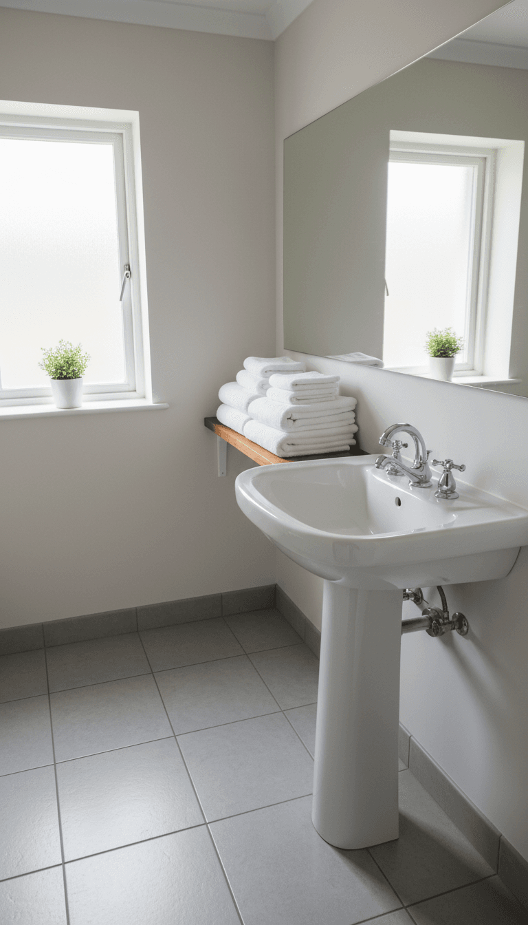 Tidy bathroom with folded towels and a sparkling mirror