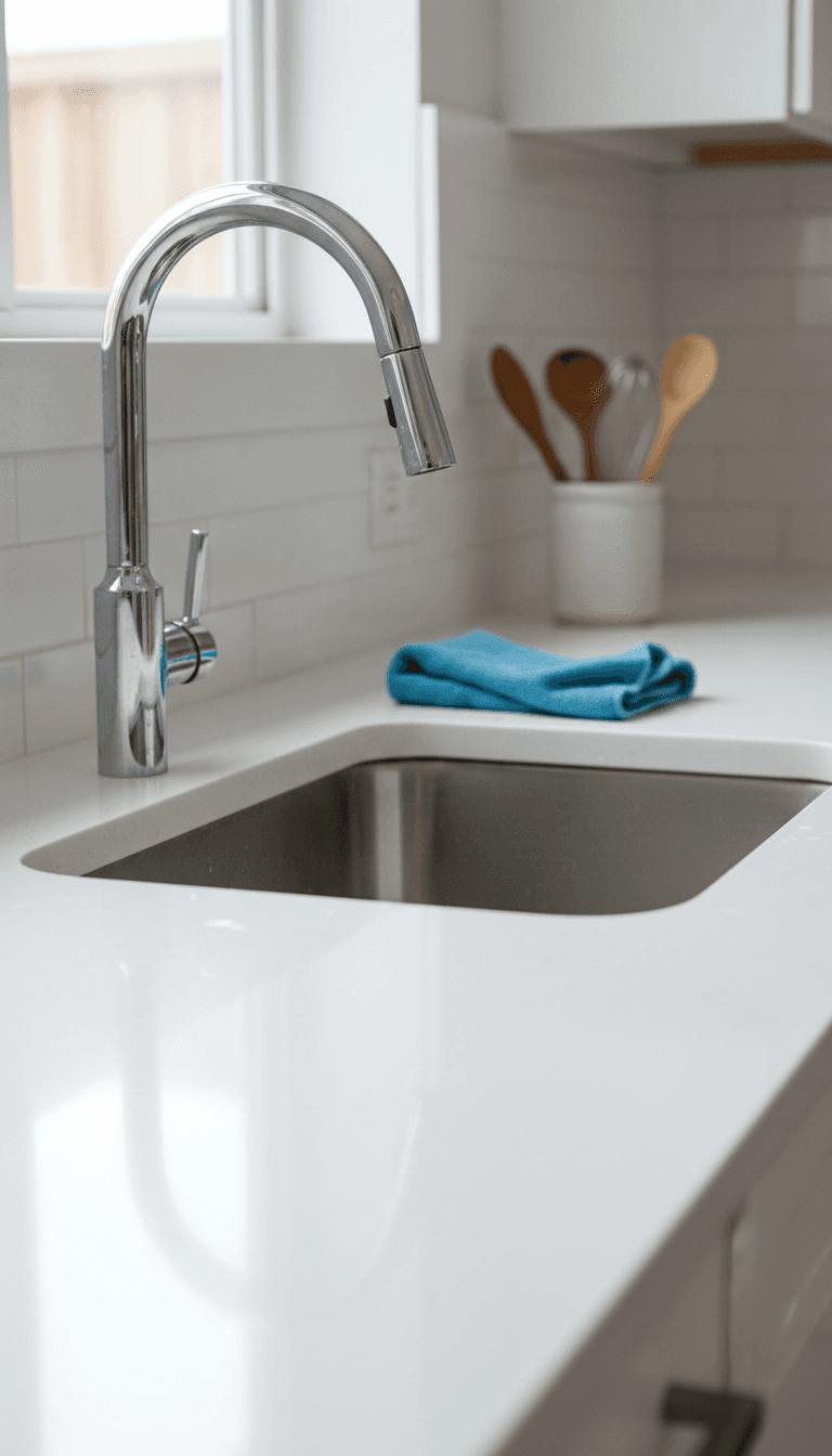 Close-up of a gleaming kitchen counter after a deep clean