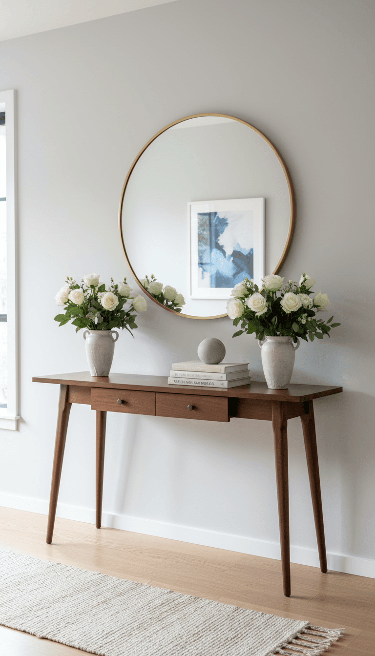 Clean entryway with a polished console table and fresh flowers