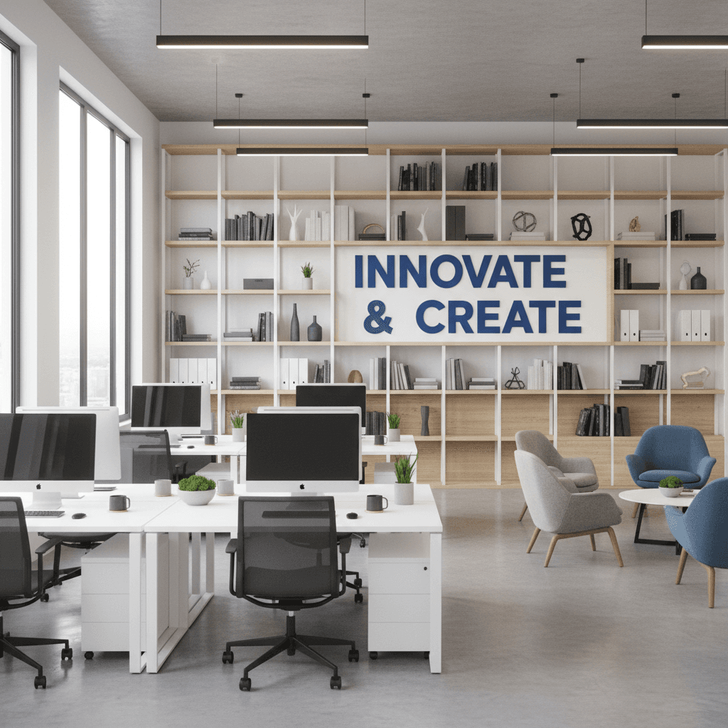 Tidy office space with clean desks and organized shelves