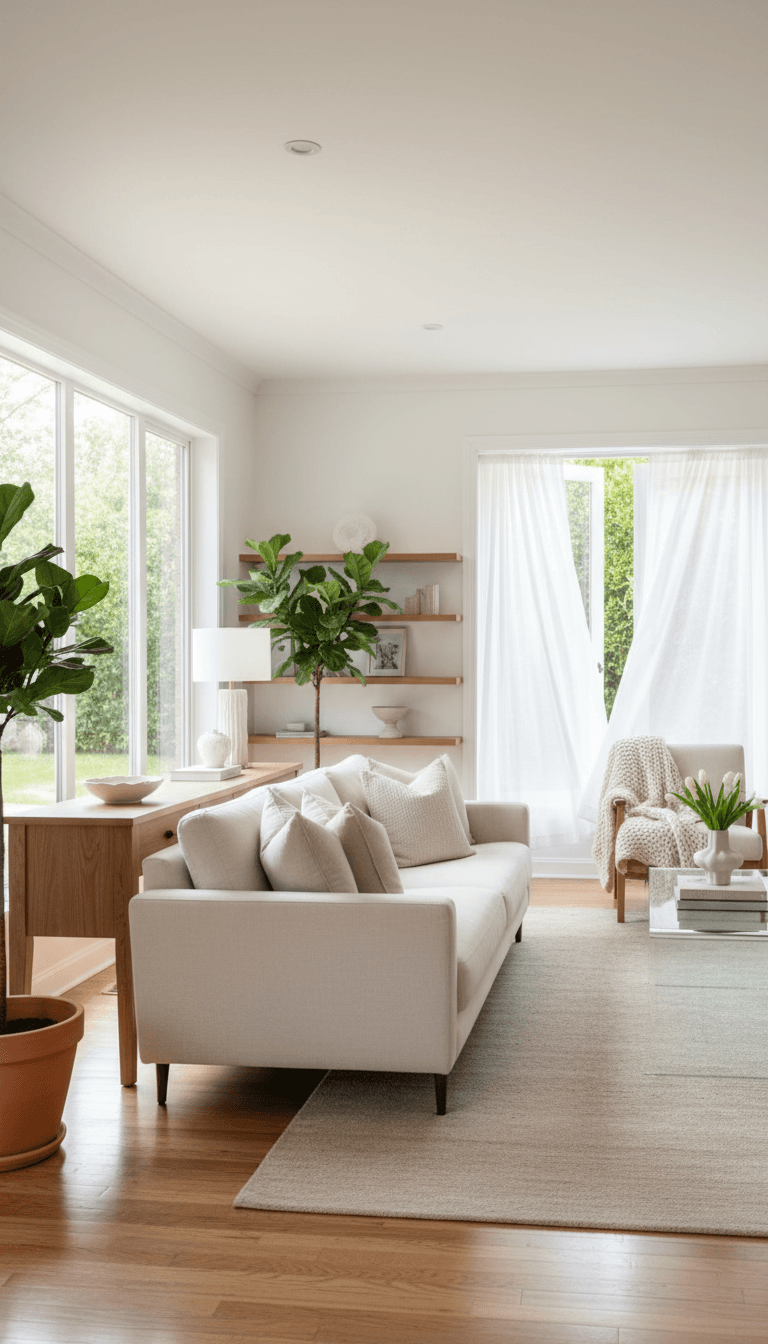 Bright living room with sunlit windows and spotless surfaces