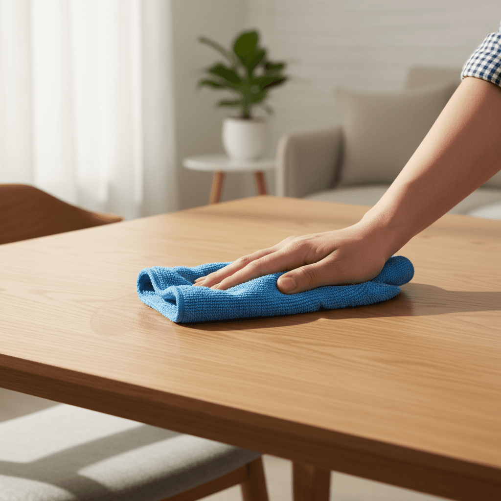Professional cleaner's hands wiping wooden dining table with microfiber cloth in bright natural light