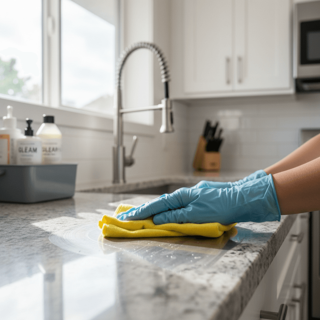 Sparkling kitchen counter and sink after a deep clean